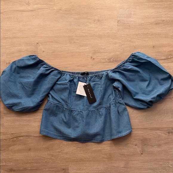Denim Crop Off-Shoulder Women's Top - Picture 2 of 6